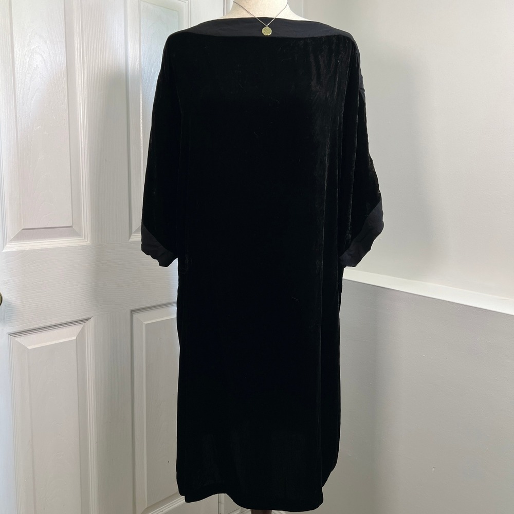 Eileen Fisher Black Velvet Kimono Boat Neck Shift Dress Size XL Midi Rayon Silk